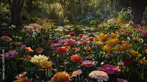 A garden filled with many different types of flowers. Some trees are seen in the background. The flowers are colorful and bright.