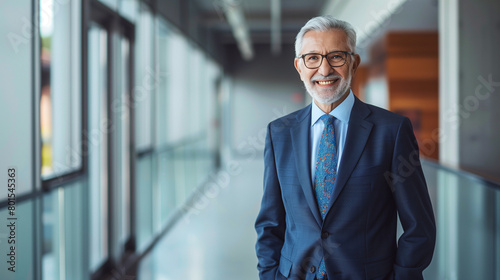 Smiling older bank manager or investor, happy middle aged business man boss leader, confident mid adult professional businessman executive standing in office hallway, mature entrepreneur portrait © Muhammad