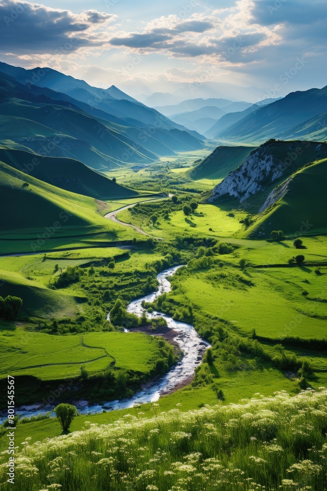 Serene mountain valley landscape with winding river