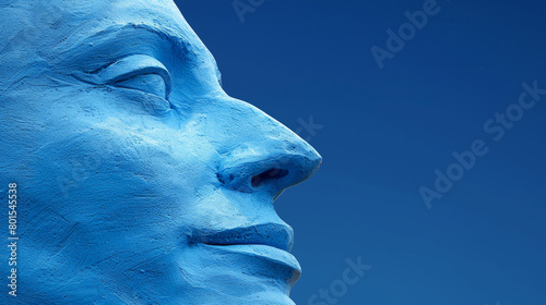 A blue statue of a face with a blue nose and blue eyes