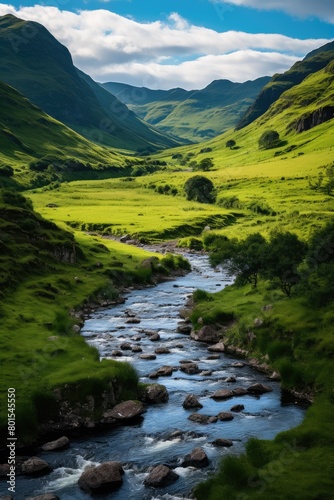 Lush green valley with flowing stream