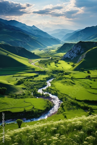 Serene mountain valley landscape with winding river