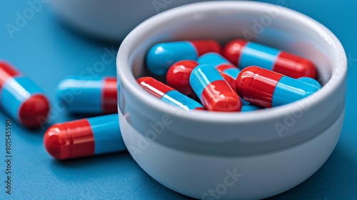 A bowl of pills with red and blue pills in it photo