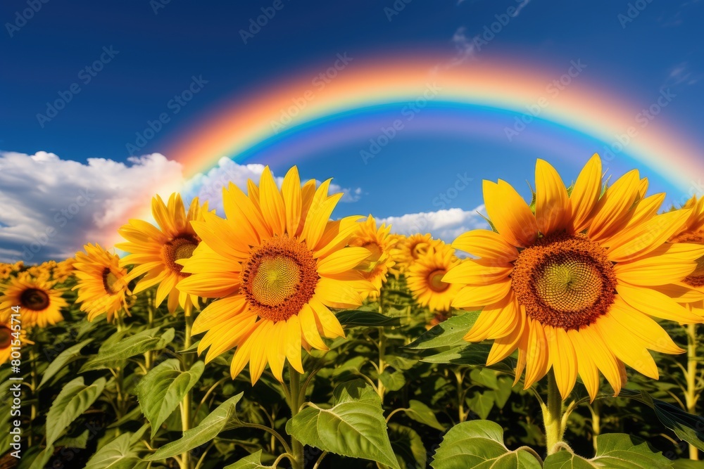 Obraz premium Vibrant sunflower field under a colorful rainbow