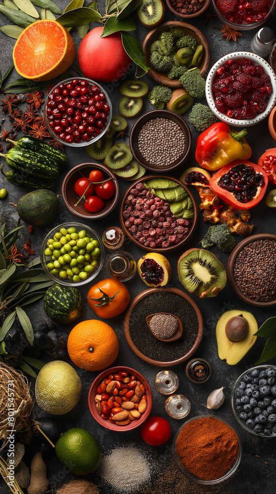 Assorted Organic Superfoods Selection on a Dark Background Assorted Organic Superfoods Selection on a Dark Background
