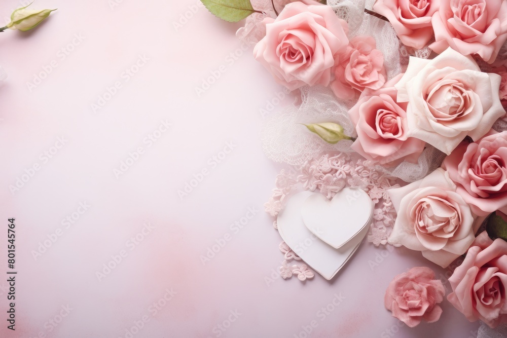 Romantic pink rose bouquet with heart-shaped box