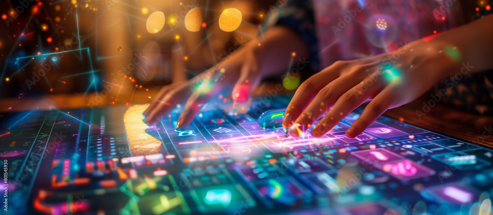 A close-up of a student’s hands interacting with a science quiz game, where elements of the periodic table animate on the display, Education, Gamification of the educational proces A close-up of a student’s hands interacting with a science quiz game, where elements of the periodic table animate on the display, Education, Gamification of the educational proces