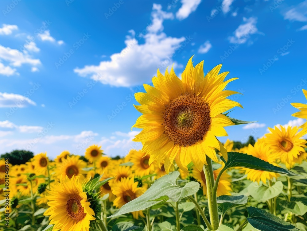 Vibrant sunflower field under blue sky