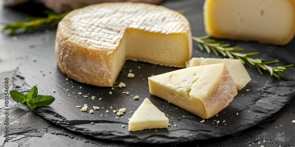 a black plate with cheese and on it with a sprig of rosemary on the side