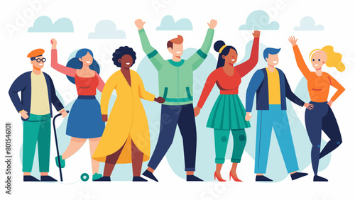 The audience cheers as a group of models all representing different neurodivergent conditions walk handinhand in coordinating outfits that celebrate. Vector illustration