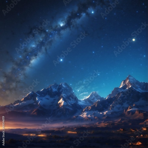 A starry night sky over a mountain landscape, where celestial bodies illuminate the peaks.