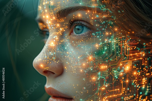 Woman's face is made of computer chips and wires. The image is a representation of the idea of technology and its impact on human identity © Sunshine