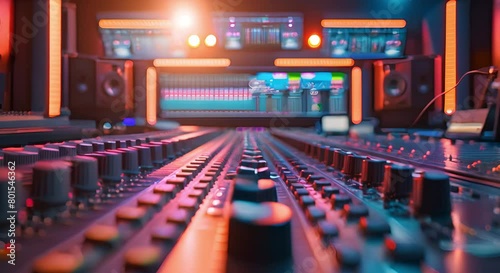 Closeup of audio mixing console in professional sound studio during live broadcast. Concept Studio Audio Equipment, Live Broadcast, Professional Sound Studio, Closeup Shot, Broadcasting Technology photo