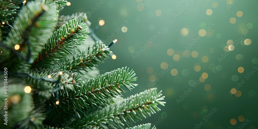 a close up of a pine tree with lights on it's branches and blurry background