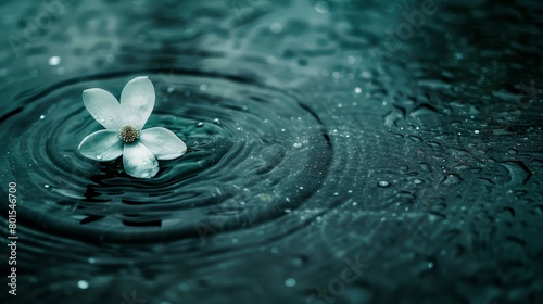   A white bloom resting atop still waters  with a solitary droplet hanging underneath