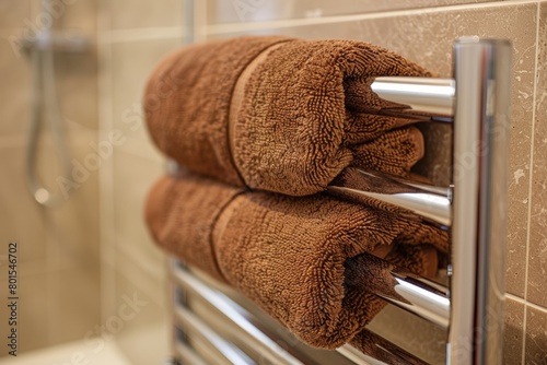 Heated towel rail with towels in bathroom.