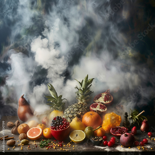 Dramatic Still Life of Exotic Fruits with Smoke and Dark Ambiance