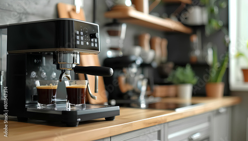Modern coffee machine with glasses of hot espresso on table in kitchen © Oleksiy
