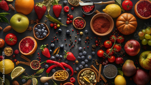 Colorful Assortment of Fresh Fruits, Vegetables, and Spices