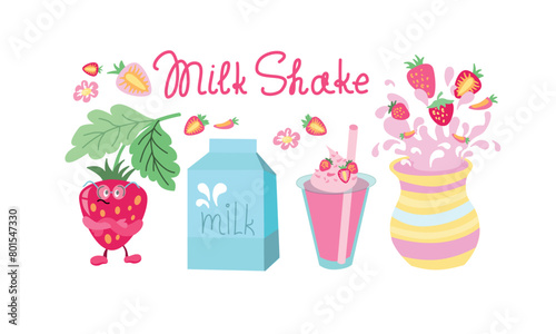 Milkshake set. Stawberry milk coctails flat style with berries. Summer Vector illustration. Hand drawn elements with lettering. Isolated collection of stickers on white background for your design.