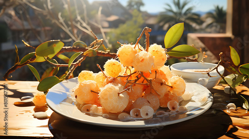 A longan slice placed on a colorful plate, with a few longan seeds nearby, and a sprinkle of sugar on top, on a sunny outdoor table. photo