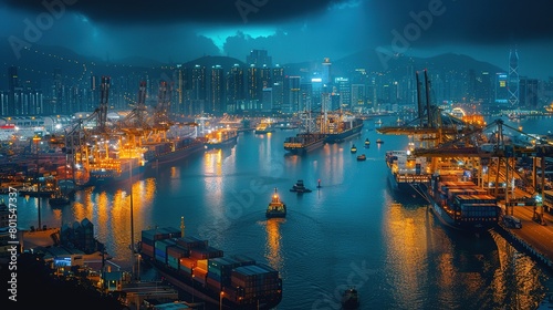 Nighttime View of Illuminated Port City. An illuminated port city at night, featuring densely packed docks and city lights reflecting on water.