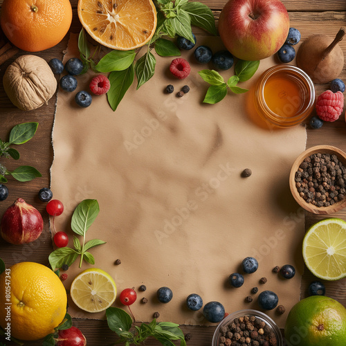 Culinary Ingredients and Fresh Produce on Wooden Background
