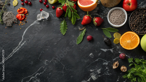 Assorted Fresh Organic Ingredients on a Dark Surface