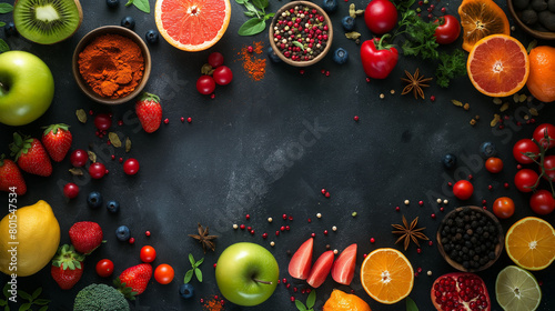 Assorted Fresh Fruits and Vegetables on Dark Background