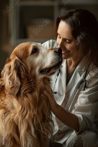 Close up of a female veterinarian doctor kissing cute dog . Healthy pets, profession concept, healthy animal, sick animal, sick ill dog cat.