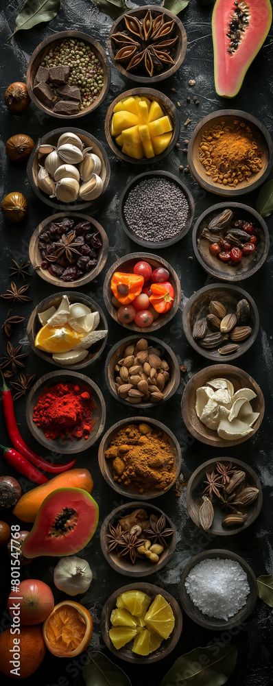 Colorful Array of Spices and Ingredients in Artistic Top View