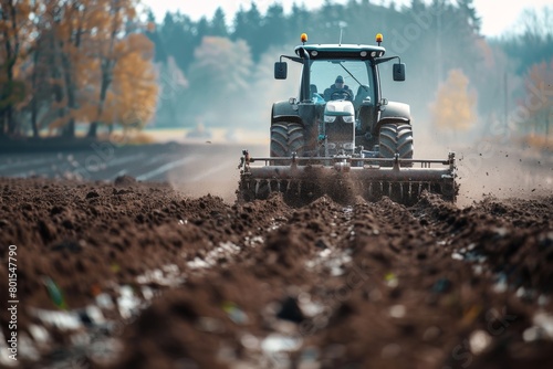 Tractor machine with plow in action, turning the soil.