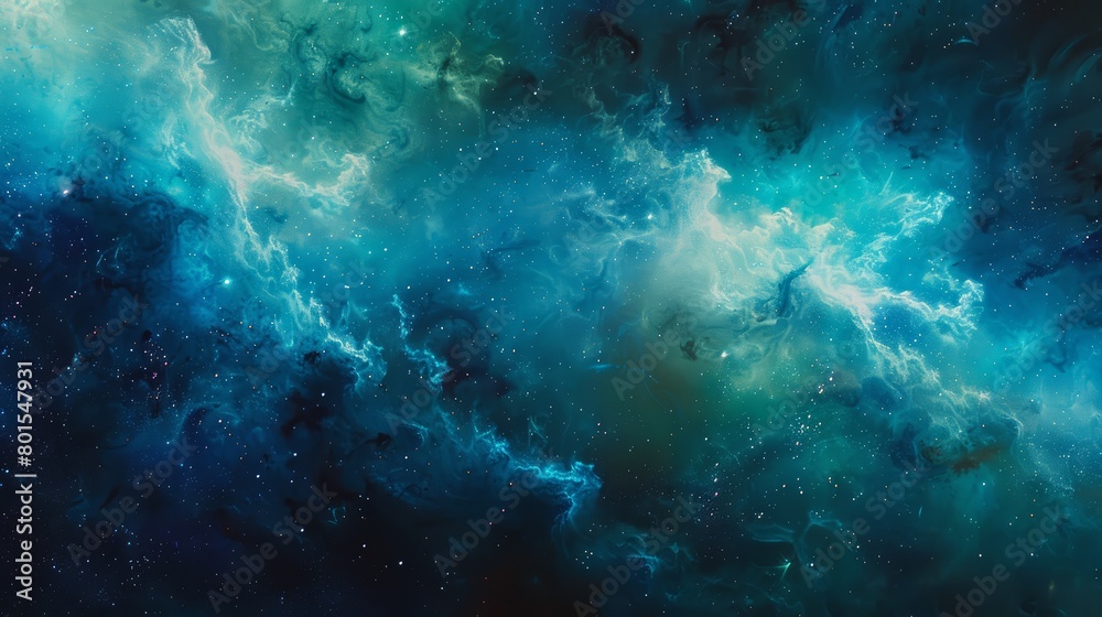 Abstract cosmic nebula in shades of blue and green. Digital space art. Mystical universe concept. Design for wallpaper, print