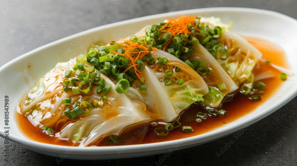 Boiled cabbage, garnished with green onions and sweet pepper, light soy sauce. Boiled cabbage, garnished with green onions and sweet pepper, light soy sauce.