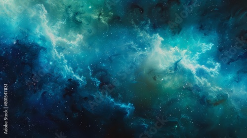 Abstract cosmic nebula in shades of blue and green. Digital space art. Mystical universe concept. Design for wallpaper, print