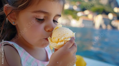A young girl is enjoying a refreshing ice cream by the water  combining the ingredients of leisure  fun  and travel in a picturesque scene of summer bliss AIG50