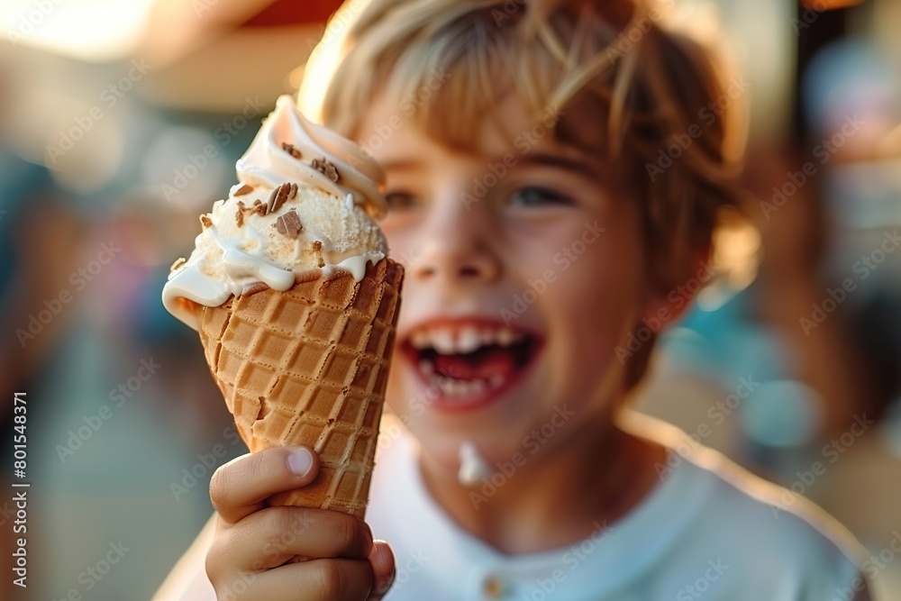 Close-Up of a Delighted Child Savoring an Ice Cream Cone, Immersed in the Joy of a Sunny Summer Day Close-Up of a Delighted Child Savoring an Ice Cream Cone, Immersed in the Joy of a Sunny Summer Day