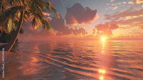 A beach scene with a palm tree, the sun setting over the ocean, and a pink sky. © Awais