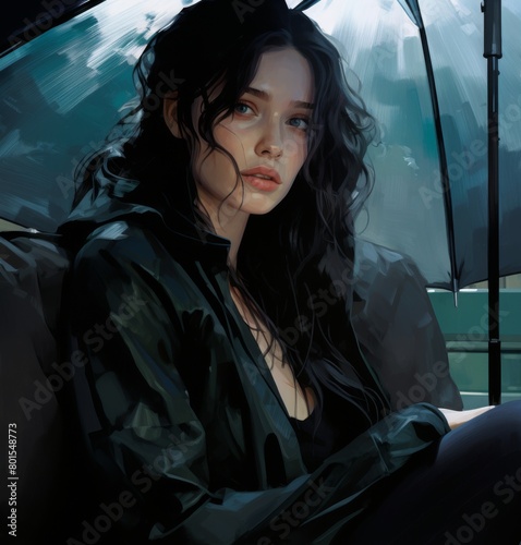 Dark Dramatic Woman Portrait Illustration. Shady Female Avatar Art. 