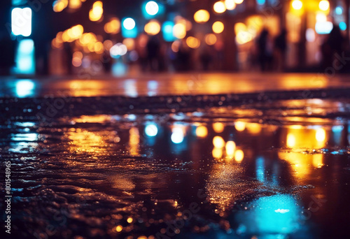 'bokeh neon dark puddles reflection city big lights night background blurred light asphalt wet abstract blue pattern texture design square bright wallpaper illustration purple disco colours'