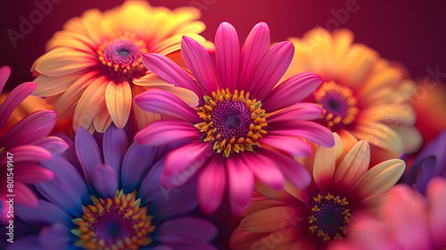pink and yellow centers  encircled by purple and yellow petals against a deep red backdrop