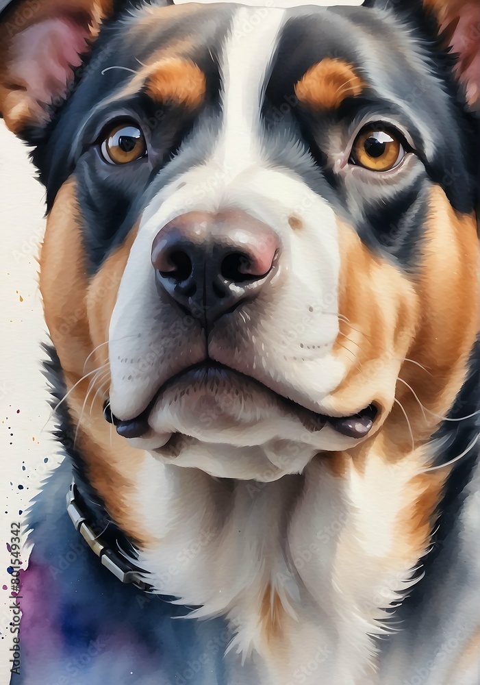 A colorful, digital watercolour painting, showing the portrait of a Rottweiler