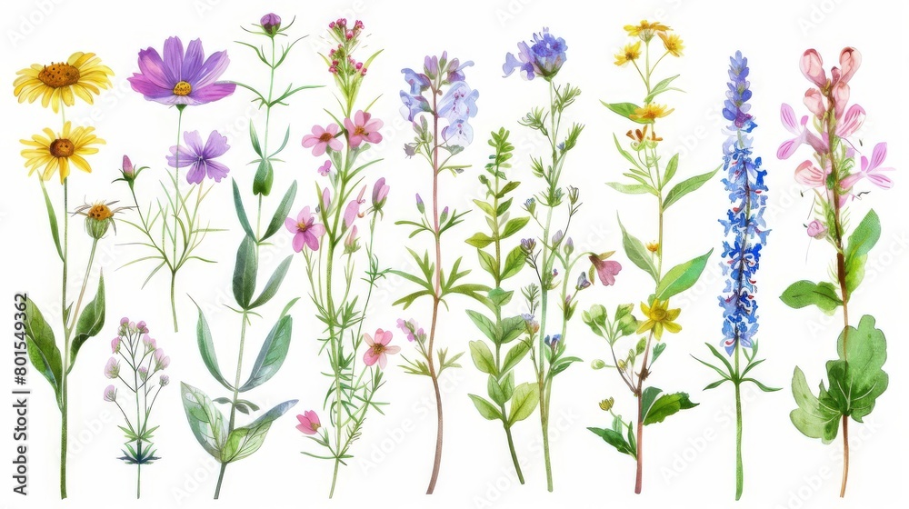 A set of watercolor drawing of wild flowers