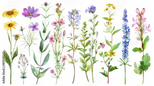 A set of watercolor drawing of wild flowers