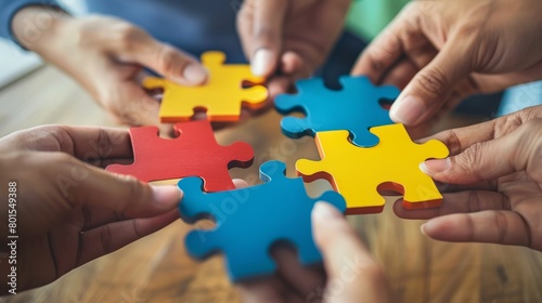 Multiple hands assembling colorful puzzle pieces on a wooden table