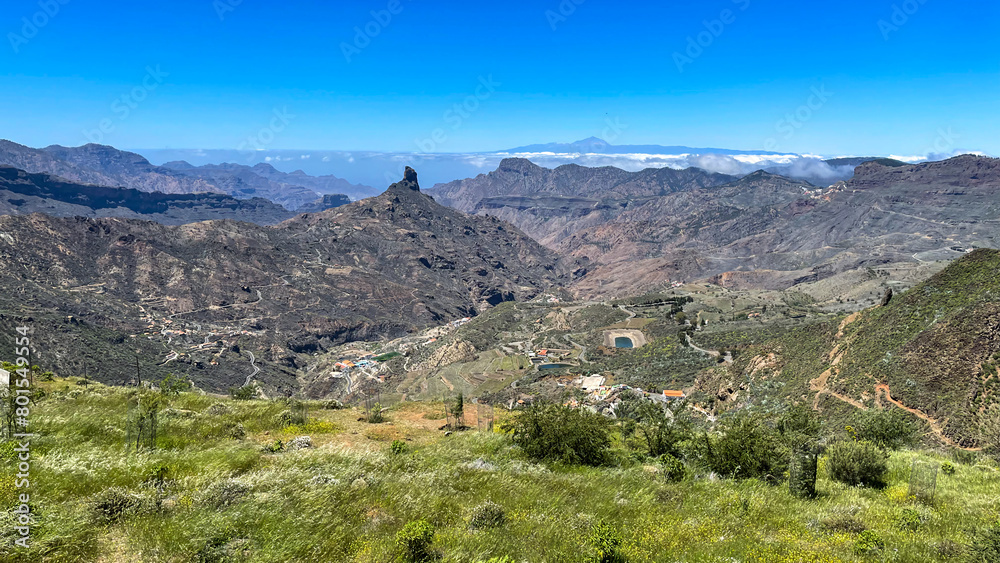 Gran Canaria Pico de las Nieves panorama view, Tenerife island on the background