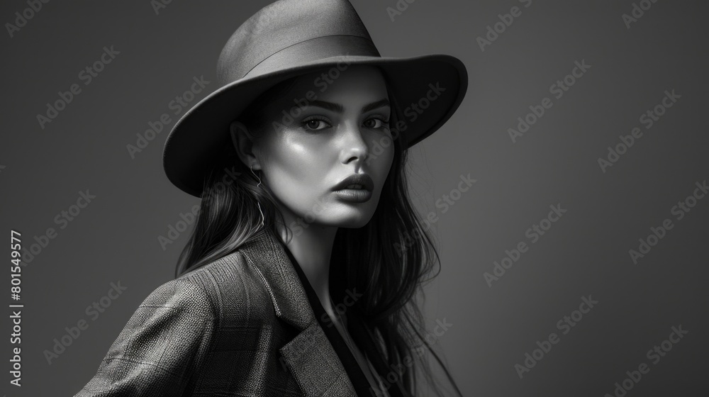 Elegant Woman in Stylish Hat and Chic Blazer Monochrome Portrait Elegant Woman in Stylish Hat and Chic Blazer Monochrome Portrait