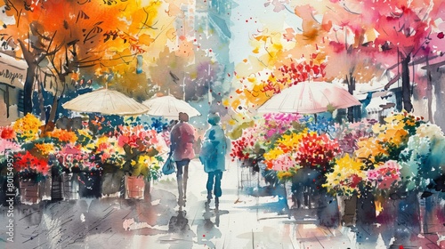 A watercolor painting of a street market with people walking under colorful umbrellas. photo