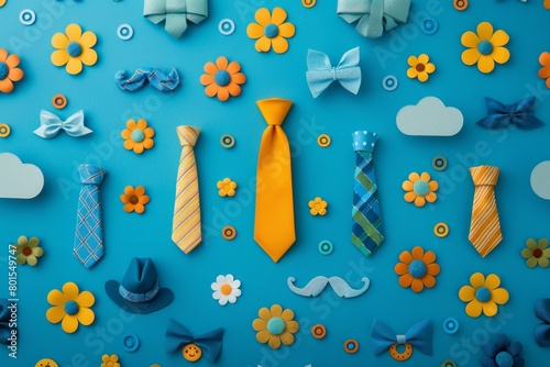 A blue background with a variety of ties and flowers. 
