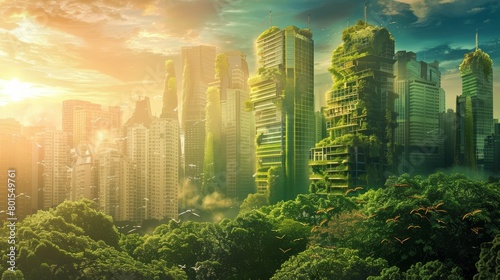 Green skyscrapers in futuristic city with lush vegetation. Eco-friendly urban living concept for poster and wallpaper design